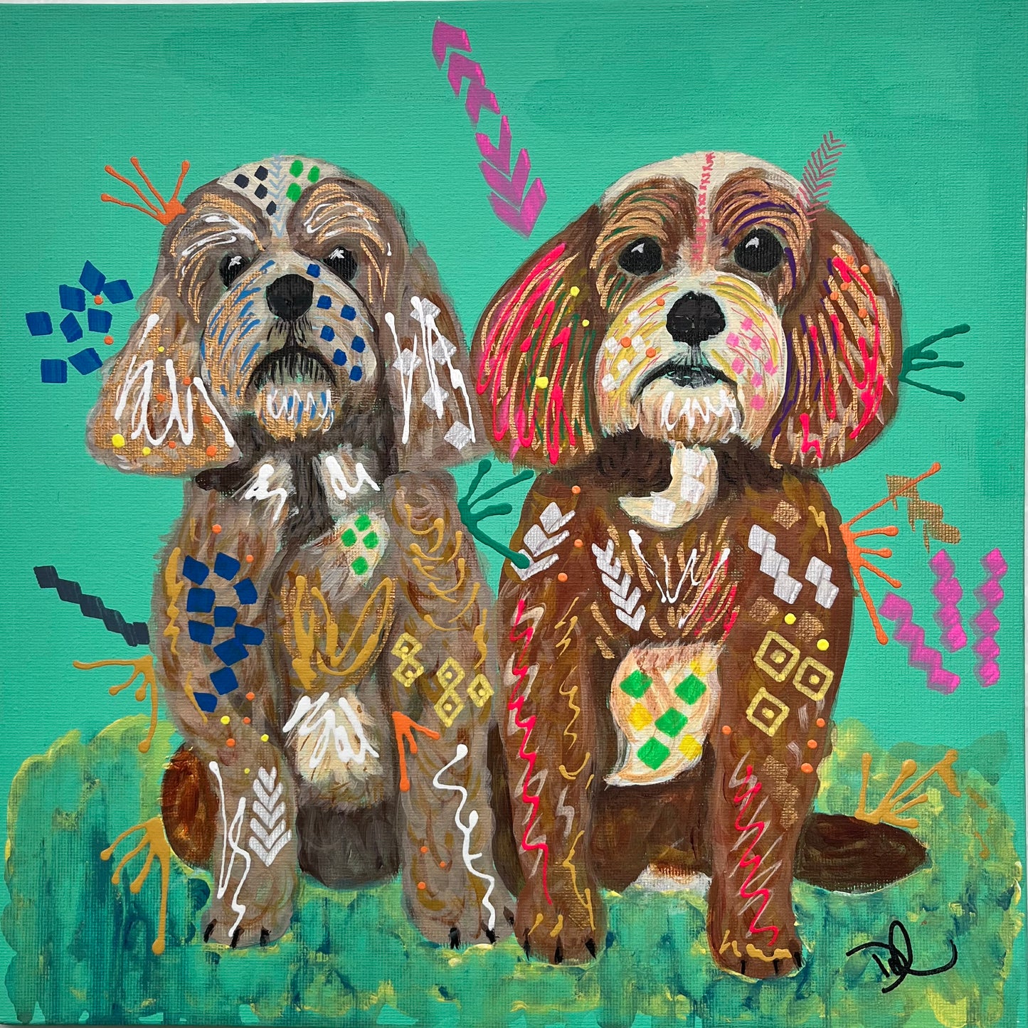 Rodney and Mabel the Cavapoos - ORIGINAL MIXED MEDIA PAINTING